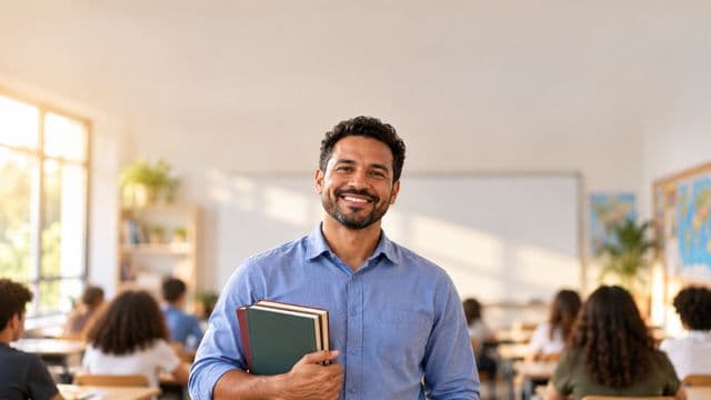 Professor sorrindo, com camisa social azul, segurando livros de capa lisa, em uma sala de aula moderna e clara com alunos desfocados