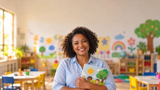Professora de educação infantil sorrindo, com camisa casual azul-clara, segurando um livro infantil colorido sem título, em uma sala de aula infantil alegre, com mesinhas e desenhos nas paredes