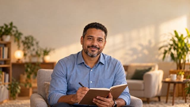 Psicólogo sorrindo, com camisa social azul, sem gravata, segurando um caderno de anotações, em um consultório de psicologia aconchegante com poltronas e plantas