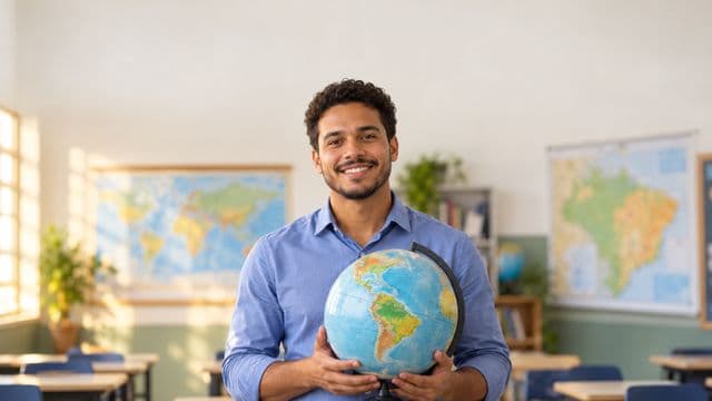 Professor de geografia sorrindo, com camisa social azul, segurando um globo terrestre, em uma sala de aula clara com mapas desfocados nas paredes
