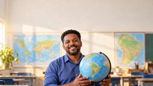 Professor de geografia sorrindo, com camisa social azul, segurando um globo terrestre, em uma sala de aula clara com mapas desfocados nas paredes