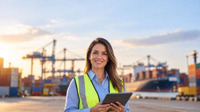 Analista de comércio exterior sorrindo, com camisa social azul e colete refletivo, segurando um tablet, em um porto com contêineres coloridos empilhados