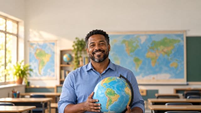 Professor de geografia sorrindo, com camisa social azul, segurando um globo terrestre, em uma sala de aula clara com mapas desfocados nas paredes
