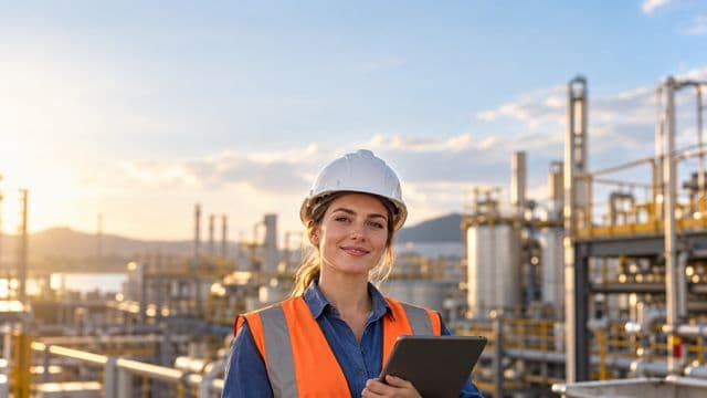 Engenheira sorrindo, com capacete branco e colete laranja sobre camisa azul, segurando um tablet, em um ambiente industrial moderno