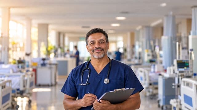 Enfermeiro sorrindo, com uniforme hospitalar azul-marinho e estetoscópio no pescoço, segurando uma prancheta, em o corredor de um hospital moderno e bem iluminado, com leitos e equipamentos