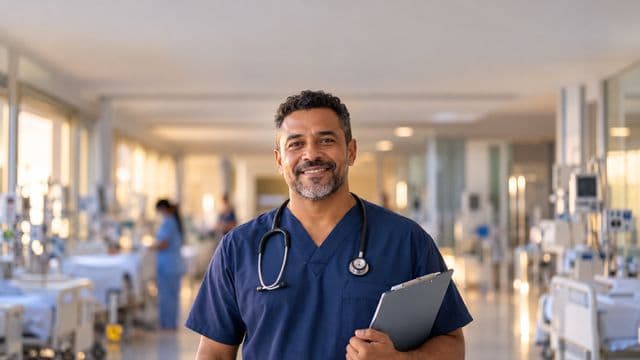 Enfermeiro sorrindo, com uniforme hospitalar azul-marinho e estetoscópio no pescoço, segurando uma prancheta, em o corredor de um hospital moderno e bem iluminado, com leitos e equipamentos