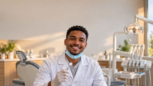 Dentista sorrindo, com jaleco branco e máscara abaixada no queixo, segurando um espelho odontológico, em um consultório odontológico moderno com cadeira e refletor
