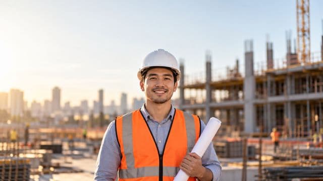 Engenheiro civil sorrindo, com capacete branco e colete refletivo laranja, segurando uma planta da obra enrolada, em um canteiro de obras com a estrutura de um prédio
