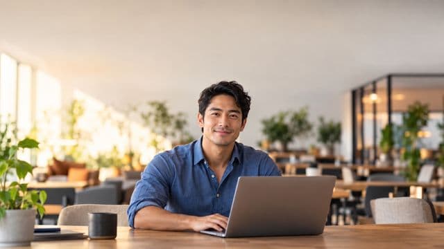 Empreendedor sorrindo, com camisa social azul com as mangas dobradas, segurando um notebook, em um espaço de coworking moderno e iluminado