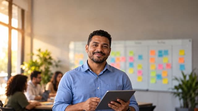 Gerente de projetos sorrindo, com camisa social azul, segurando um tablet, em uma sala de reunião com um quadro de tarefas cheio de post-its coloridos