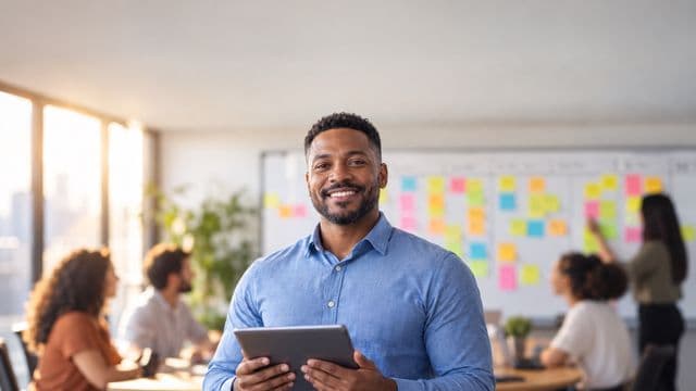 Gerente de projetos sorrindo, com camisa social azul, segurando um tablet, em uma sala de reunião com um quadro de tarefas cheio de post-its coloridos