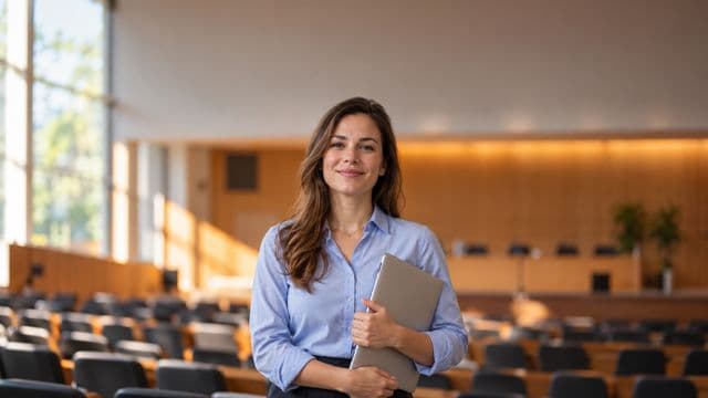 Professora universitária sorrindo, com camisa social azul, segurando um notebook, em um auditório universitário moderno
