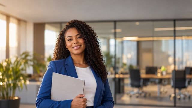 Profissional de recursos humanos sorrindo, com blazer azul sobre camisa branca, segurando uma pasta de documentos, em um escritório moderno com uma sala de reunião envidraçada