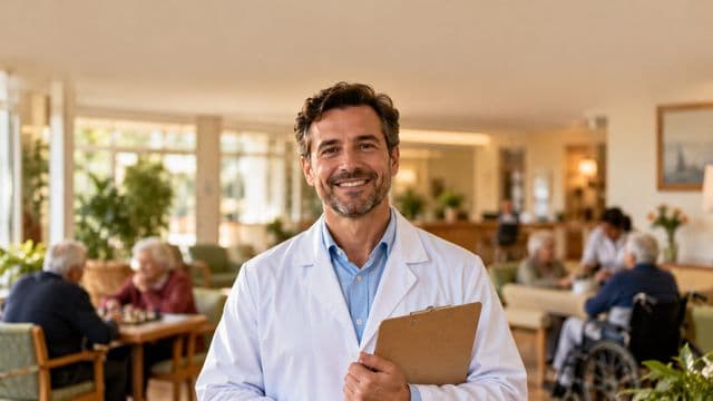 Profissional de gerontologia sorrindo, com jaleco branco sobre camisa azul-clara, segurando uma prancheta, em um centro de convivência para idosos, claro e acolhedor