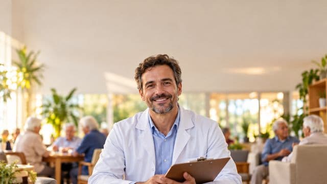 Profissional de gerontologia sorrindo, com jaleco branco sobre camisa azul-clara, segurando uma prancheta, em um centro de convivência para idosos, claro e acolhedor