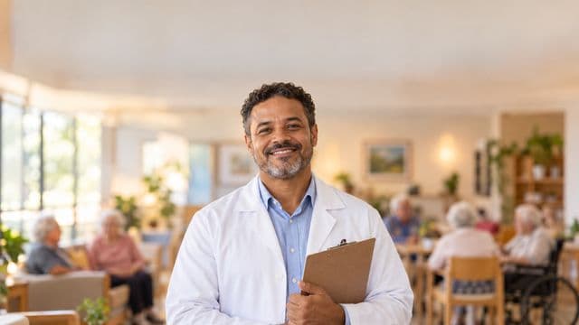 Profissional de gerontologia sorrindo, com jaleco branco sobre camisa azul-clara, segurando uma prancheta, em um centro de convivência para idosos, claro e acolhedor