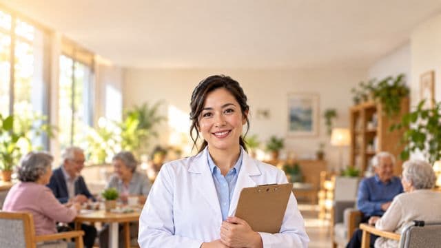 Profissional de gerontologia sorrindo, com jaleco branco sobre camisa azul-clara, segurando uma prancheta, em um centro de convivência para idosos, claro e acolhedor