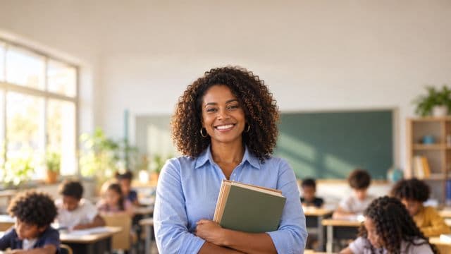 Professora sorrindo, com camisa social azul, segurando livros de capa lisa, em uma sala de aula moderna e clara com alunos desfocados