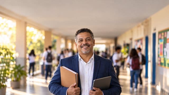 Gestor escolar sorrindo, com blazer azul sobre camisa branca, segurando uma pasta e um tablet, em o corredor de uma escola moderna com alunos desfocados