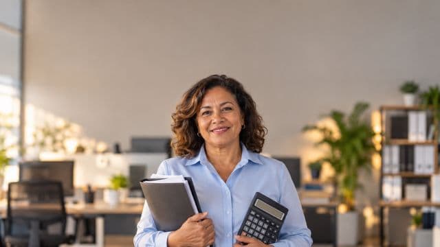 Contadora sorrindo, com camisa social azul-clara, segurando uma calculadora e uma pasta de documentos, em um escritório contábil moderno