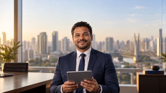 Analista financeiro sorrindo, com terno azul-marinho, segurando um tablet, em um escritório corporativo com vista para a cidade