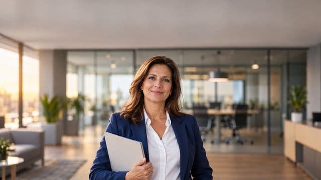 Profissional de recursos humanos sorrindo, com blazer azul sobre camisa branca, segurando uma pasta de documentos, em um escritório moderno com uma sala de reunião envidraçada