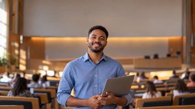 Professor universitário sorrindo, com camisa social azul, segurando um notebook, em um auditório universitário moderno