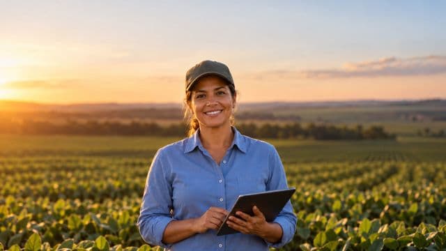 Engenheira agrônoma sorrindo, com camisa azul de mangas compridas e boné, segurando um tablet, em uma plantação extensa no fim da tarde