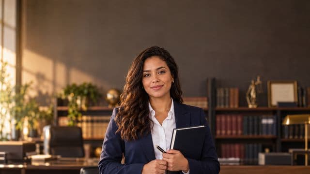 Advogada sorrindo, com terno azul-marinho e camisa branca, segurando um livro de capa lisa e uma caneta, em um escritório de advocacia elegante com estantes de livros