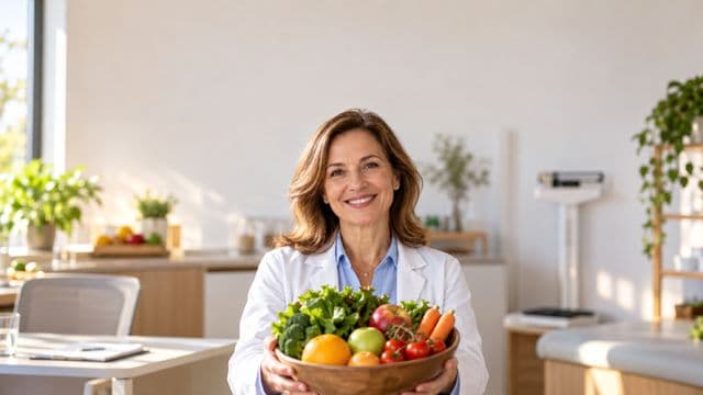 Nutricionista sorrindo, com jaleco branco sobre camisa azul-clara, segurando uma tigela de frutas e legumes frescos, em um consultório de nutrição claro com bancada e balança