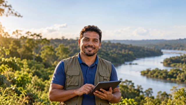 Gestor ambiental sorrindo, com camisa polo azul e colete de campo, segurando um tablet, em uma área de preservação com mata e um rio