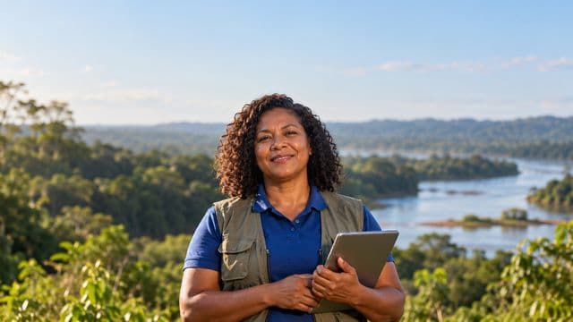 Gestora ambiental sorrindo, com camisa polo azul e colete de campo, segurando um tablet, em uma área de preservação com mata e um rio