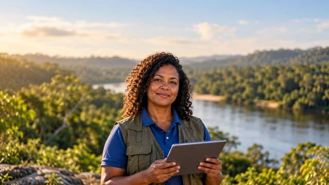 Gestora ambiental sorrindo, com camisa polo azul e colete de campo, segurando um tablet, em uma área de preservação com mata e um rio