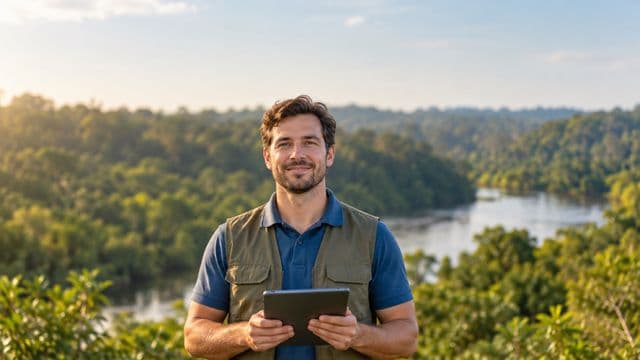 Gestor ambiental sorrindo, com camisa polo azul e colete de campo, segurando um tablet, em uma área de preservação com mata e um rio