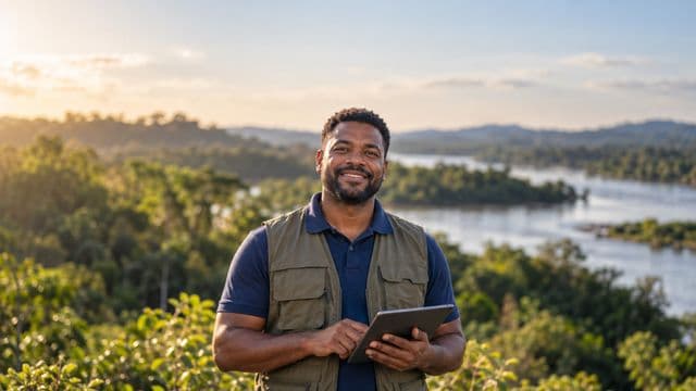 Gestor ambiental sorrindo, com camisa polo azul e colete de campo, segurando um tablet, em uma área de preservação com mata e um rio