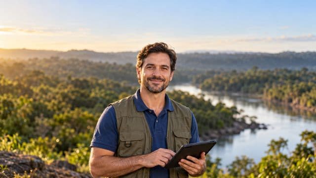 Gestor ambiental sorrindo, com camisa polo azul e colete de campo, segurando um tablet, em uma área de preservação com mata e um rio