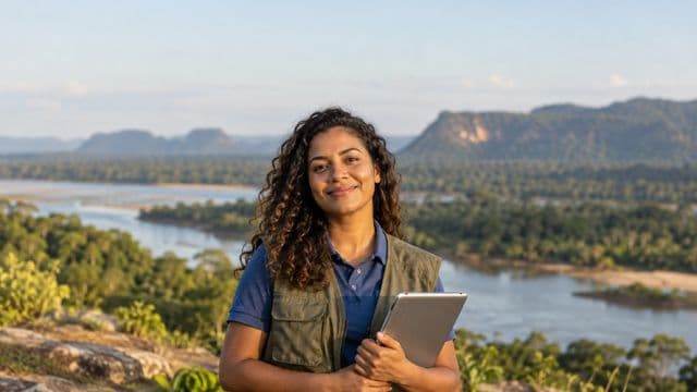 Gestora ambiental sorrindo, com camisa polo azul e colete de campo, segurando um tablet, em uma área de preservação com mata e um rio