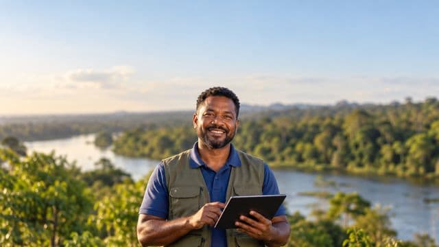 Gestor ambiental sorrindo, com camisa polo azul e colete de campo, segurando um tablet, em uma área de preservação com mata e um rio