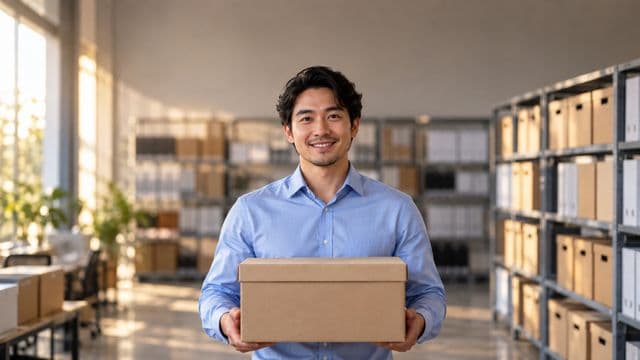 Arquivista sorrindo, com camisa social azul, segurando uma caixa de arquivo, em um arquivo moderno com estantes organizadas