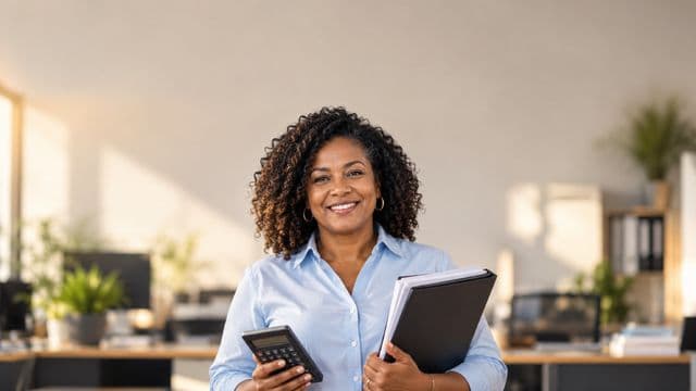 Contadora sorrindo, com camisa social azul-clara, segurando uma calculadora e uma pasta de documentos, em um escritório contábil moderno