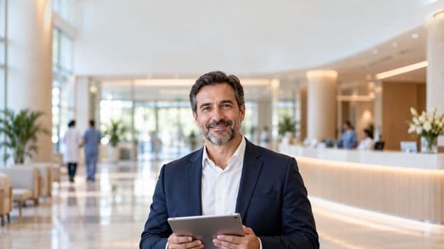 Gestor hospitalar sorrindo, com blazer azul-marinho sobre camisa branca, segurando um tablet, em a recepção de um hospital moderno