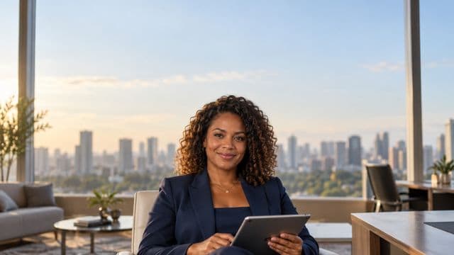 Analista financeira sorrindo, com terno azul-marinho, segurando um tablet, em um escritório corporativo com vista para a cidade