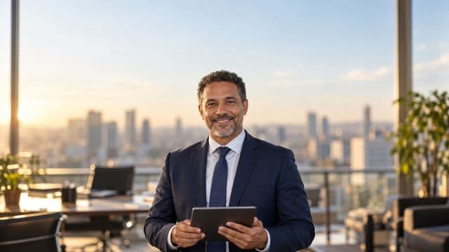 Analista financeiro sorrindo, com terno azul-marinho, segurando um tablet, em um escritório corporativo com vista para a cidade