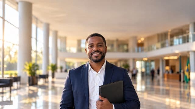 Servidor público sorrindo, com blazer azul-marinho sobre camisa branca, segurando uma pasta, em o saguão amplo de um prédio público moderno