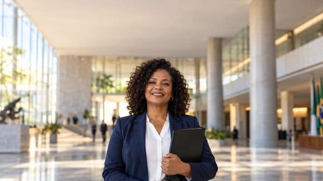 Servidora pública sorrindo, com blazer azul-marinho sobre camisa branca, segurando uma pasta, em o saguão amplo de um prédio público moderno