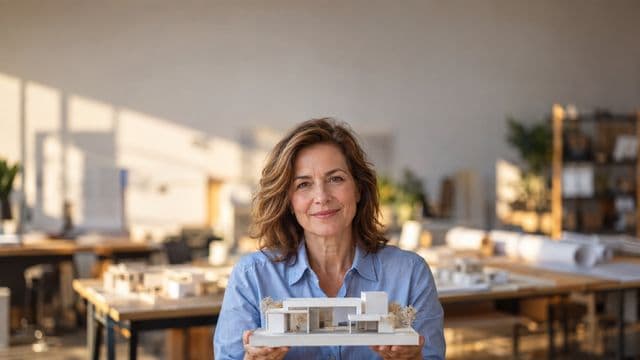 Arquiteta sorrindo, com camisa social azul, segurando uma pequena maquete branca, em um escritório de arquitetura com pranchetas e maquetes