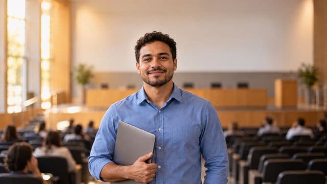 Professor universitário sorrindo, com camisa social azul, segurando um notebook, em um auditório universitário moderno