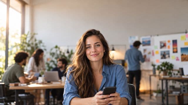 Profissional de marketing sorrindo, com camisa casual azul, segurando um smartphone, em uma agência criativa moderna com equipe desfocada e quadros de ideias