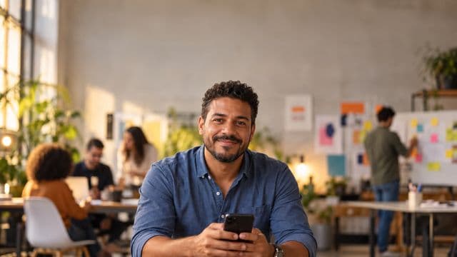 Profissional de marketing sorrindo, com camisa casual azul, segurando um smartphone, em uma agência criativa moderna com equipe desfocada e quadros de ideias