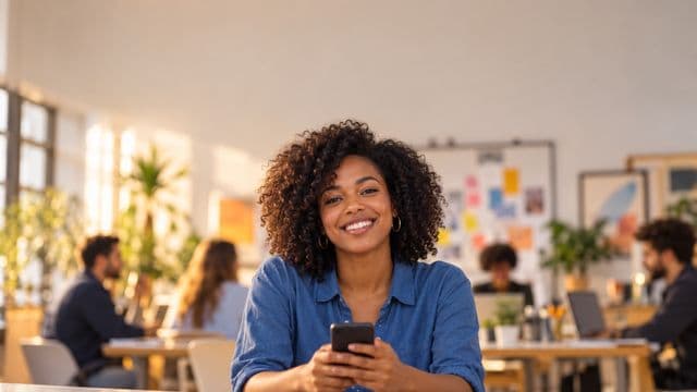 Profissional de marketing sorrindo, com camisa casual azul, segurando um smartphone, em uma agência criativa moderna com equipe desfocada e quadros de ideias